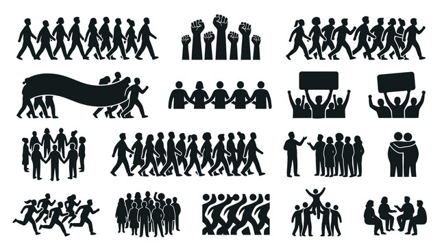 Social and Community Group Glyphs Icon Set - Protest, Activism, Teamwork, Unity Silhouettes
