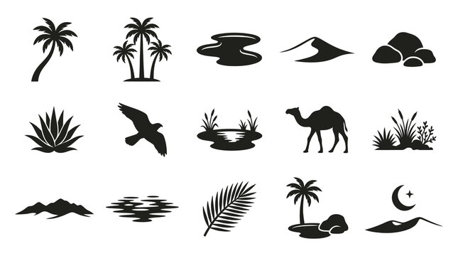 Desert and Oasis Icons: Camel, Palm Tree, Dunes, Moon, Rocks, Nature Set