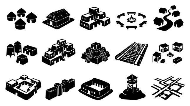 Ancient Village Buildings and Structures Icons, Black and White Glyph Style