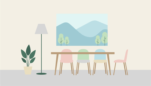 Minimalist dining setup with wooden table, chairs, and floor lamp in cozy room