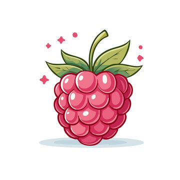 A vibrant cartoon illustration of a single ripe raspberry with green leaves and subtle sparkling accents