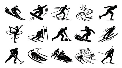 Fototapeta premium Winter Sports Icons Set: Silhouette of Athletes in Action, Black White Vector Art