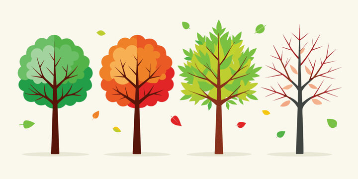 Four seasonal trees changing leaves in a row