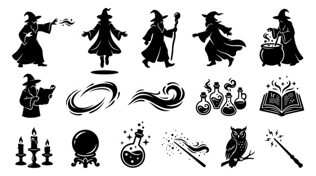 Black and White Wizard Icons: Magic, Potions, Owl, Candles, Book, Crystal Ball