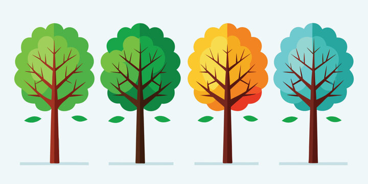 Four colorful trees changing seasons with gradient leaves