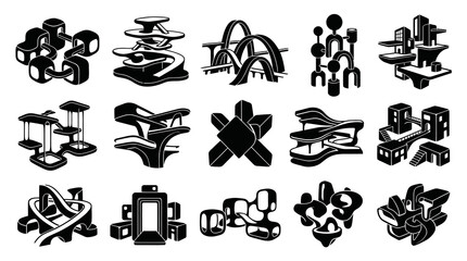 Obraz premium Black and White Icons of Futuristic Architectural Structures