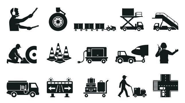 Airport Ground Operations Glyph Icons: Aircraft, Vehicles, Staff, Equipment