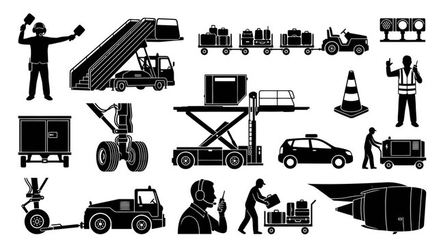 Airport Ground Services Aviation Aircraft Equipment Black  White Glyph Icons Set