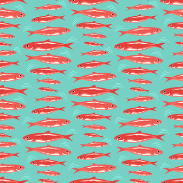 School of fish seamless pattern on turquoise background. Nautical print&nbsp;design for textiles, wallpaper, wrapping paper, packaging and ocean themed graphic projects