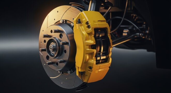Close-up of yellow car brake caliper and rotor