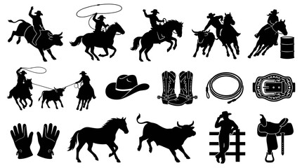 Fototapeta premium Cowboy Rodeo Silhouette Vector Icons: Bull Riding, Horse, Lasso, Boots, Hat, Saddle