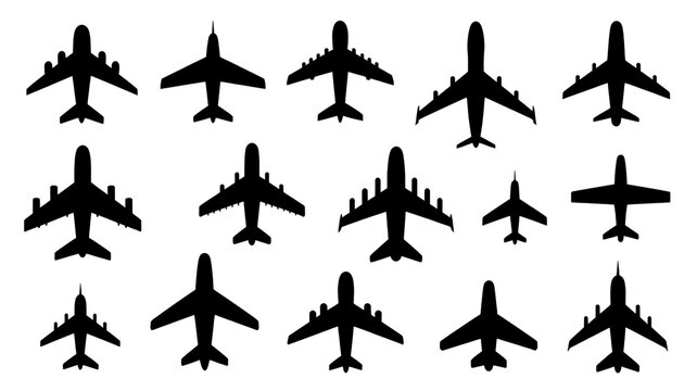 The image shows various airplane silhouettes flying high in the sky