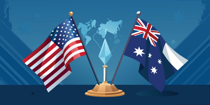 American and australian flags on globe with podium