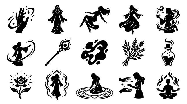 Mystical Witchcraft Icons Set - Black Silhouette Magic Symbols and Alchemy