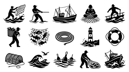 Obraz premium Fisherman Nets Catch on Boat with Lighthouse and Lobster Trap Icons
