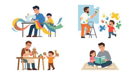 Fototapeta premium Creative Moments of Fatherhood: A heartwarming illustration captures a father's tender interactions with their children through various creative activities. These include sewing, painting.