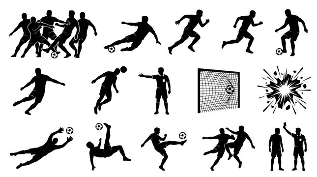 Football Soccer Player Silhouettes Icon Set: Kicking, Dribbling, Goalie, Referee, Goal  Ball Glyphs
