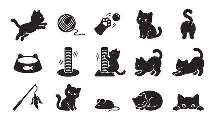 Obraz premium Black White Cat Icons Set: Playful Kitten, Yarn, Scratching Post, Food Bowl