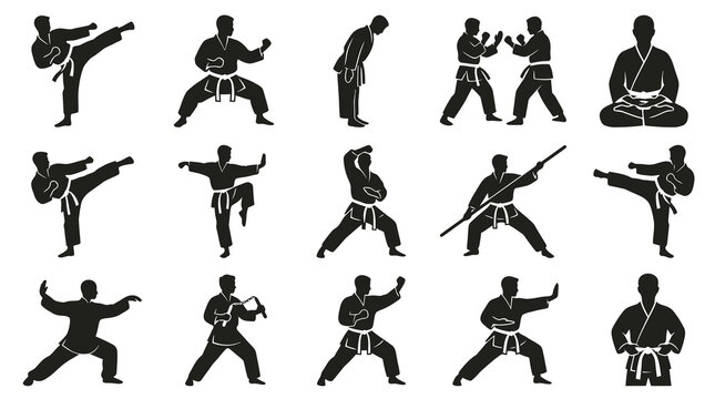 Martial Arts Training and Combat Sports Silhouettes Glyph Vector Icon Set