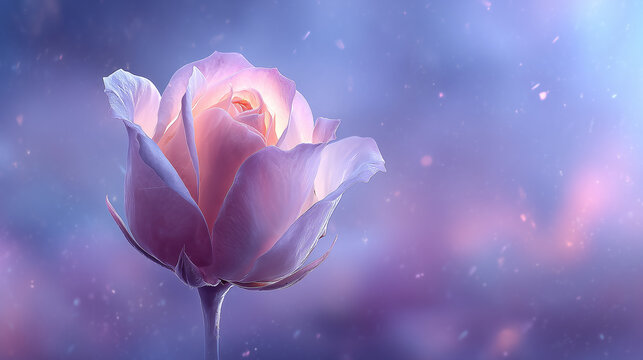 Soft pink rose flower blooming in dreamy blue purple light with romantic botanical background