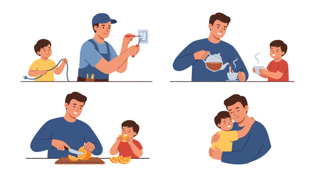 Father and Son's Daily Life Collage: A heartwarming collection of four vignettes showing a father and son sharing moments of everyday life, from home repairs to tea time, meal preparation.