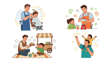 Fototapeta premium Fatherhood Montage: A heartwarming collage illustrates the diverse joys and responsibilities of fatherhood, featuring a father engaging in various activities with his children.