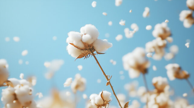 Cotton Bloom and Blue Sky: A close-up of fluffy cotton blossoms reaching towards a brilliant blue sky, evoking a sense of purity and natural beauty.