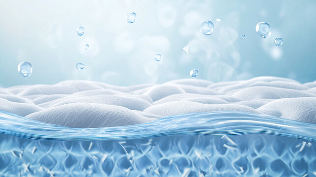 Moisture and Hydration: Close-up of a sponge-like texture, suggesting a refreshing oasis, with water droplets rising and gathering, symbolizing hydration and freshness.