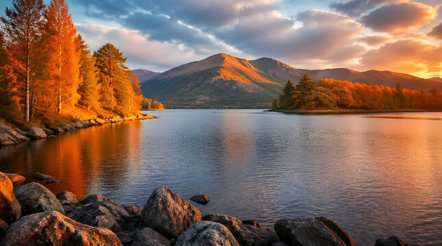 Beautiful autumn landscape with a calm lake reflecting the vibrant trees and majestic mountains under a golden sky