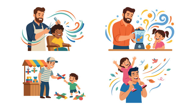 Daddy Time: Four illustrations showcase the joys of fatherhood, capturing a dad's involvement in his child's life, from grooming and cooking to playing and giving shoulder rides.