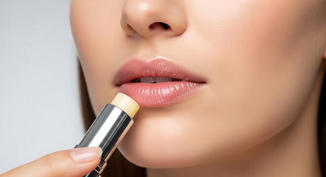 Close up of a young woman's face with her eyes closed as she applies foundation to her cheek