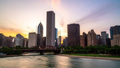 Fototapeta premium Chicago Skyline at Sunset Over the River with Bridge.