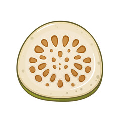 Fototapeta premium Cross section of a tropical fruit with white flesh and brown seeds arranged in a pattern