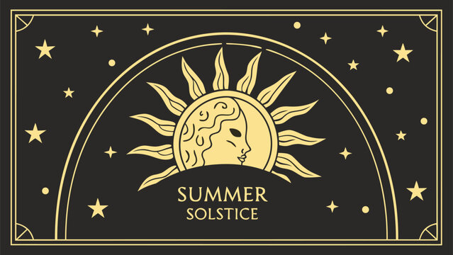 Summer solstice illustration with sun and stars in night sky background