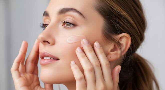 Close-up portrait of a woman with pristine, glowing skin, illustrating the effects of a dedicated beauty and wellness routine for a radiant and youthful complexion