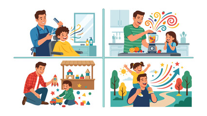 Fototapeta premium Dad and Child: Celebrating Fatherhood: A vibrant illustration captures the essence of fatherhood, depicting a dad and child engaging in various activities, showcasing love, care.