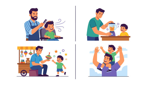 Father and Son Bonding Moments: Captured across four heartwarming scenes, a father and his son share precious moments, from a haircut and smoothie-making to a shared toy and a playful piggyback ride.