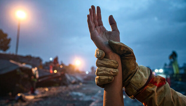 Rescue worker hand professional glove gripping survivor wrist disaster scene teamwork emergency support hope dusk rescue worker protective glove firmly grips survivor wrist disaster site showing