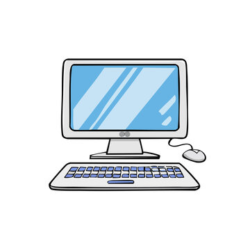 Simple cartoon drawing of a desktop computer with a monitor keyboard and mouse