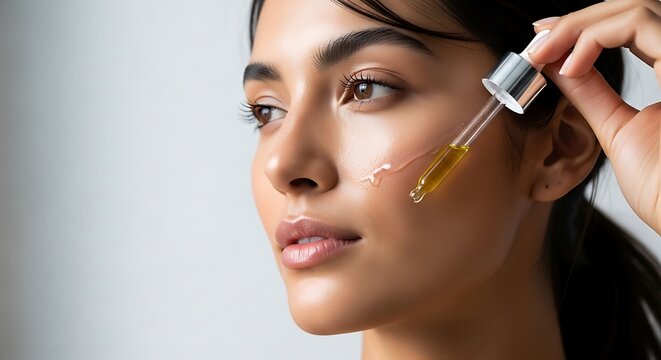 Woman applying nourishing face serum with a pipette dropper to her radiant skin, highlighting a daily beauty and wellness routine for a healthy, glowing complexion