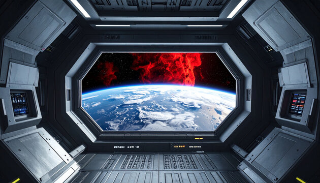 Futuristic spaceship observation deck interior with large window overlooking Earth and dramatic red nebula in outer space, advanced technology, sci fi atmosphere