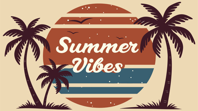 Vintage summer vibes graphic with palm trees and sunset