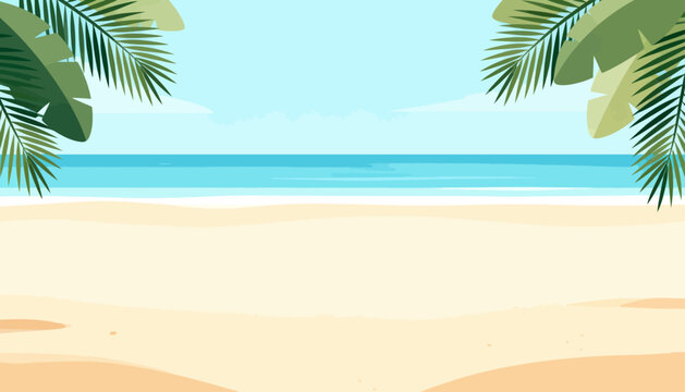 Soft sand meets calm ocean waves. Tropical palms frame the tranquil horizon. Clear skies stretch wide above the water. Peaceful scene invites relaxation and escape. Perfect for vacation, travel