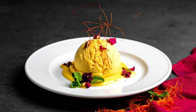 Fine dining ras malai ice cream with gourmet garnish on a white plate