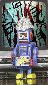 fake news robot wth tin foil hat 