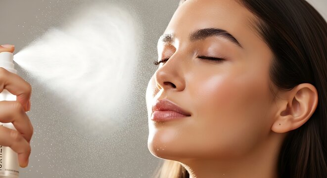A woman's face misted with refreshing spray for enhanced skin hydration and a natural glow, promoting a healthy complexion