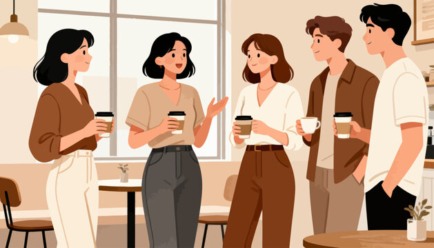 Five friends chat warmly over coffee