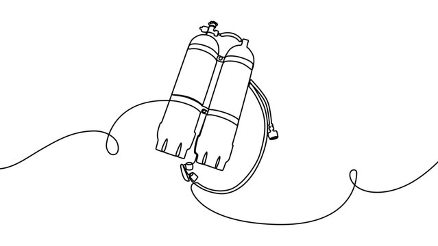 Continuous one line scuba sport water sea illustration vector hand. Scuba diving equipment ocean summer beach design isolated drawing concept mask white sketch vocation diver underwater holiday oxygen