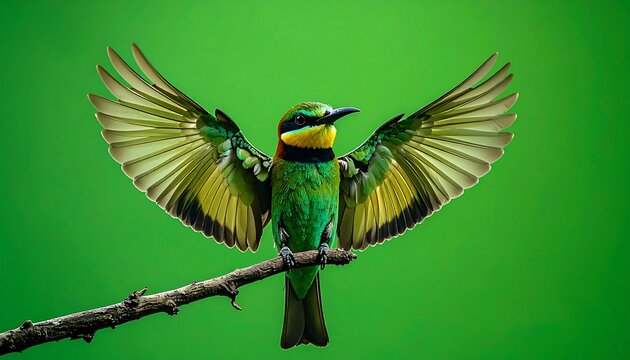 European Bee-eater perched on a branch with wings spread wide.