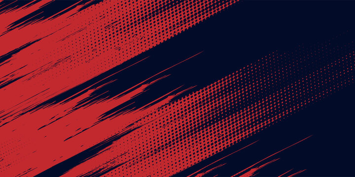 Red halftone dots blue color pattern gradient grunge texture background. Dot pop art comic sport style vector illustration.